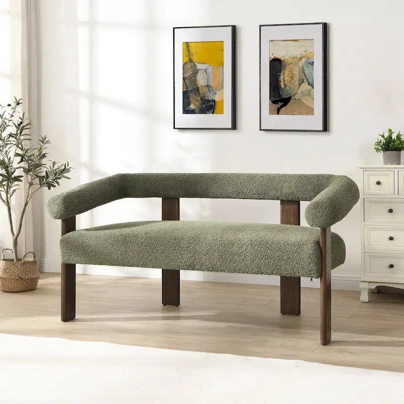 Round Armrest Loveseat | Rubber Wood Frame, 2-Seat Sofa, Living Room Accent