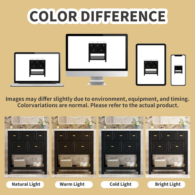 30 Bathroom Vanity with Ceramic Sink Combo, Free Standing Single Vanity Set with 5 Drawers