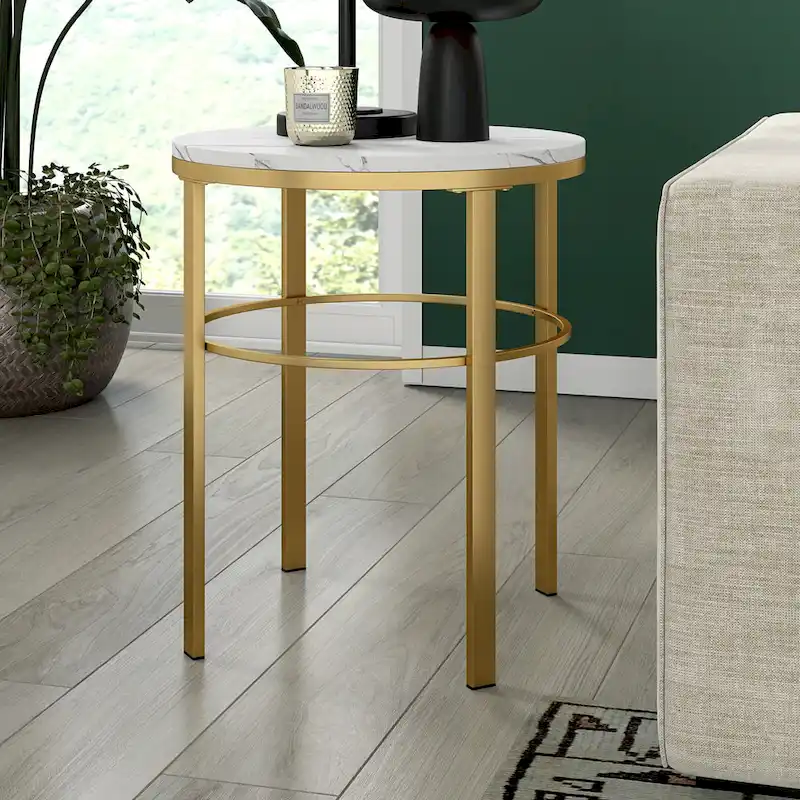 Brass / Blackened Bronze, Round Faux Marble Top Side Table, 1-Person, Modern Glam