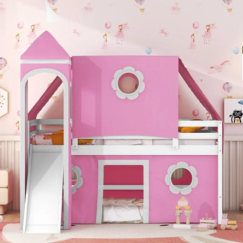 Full Size Loft Bed with Slide Pink Tent and Tower