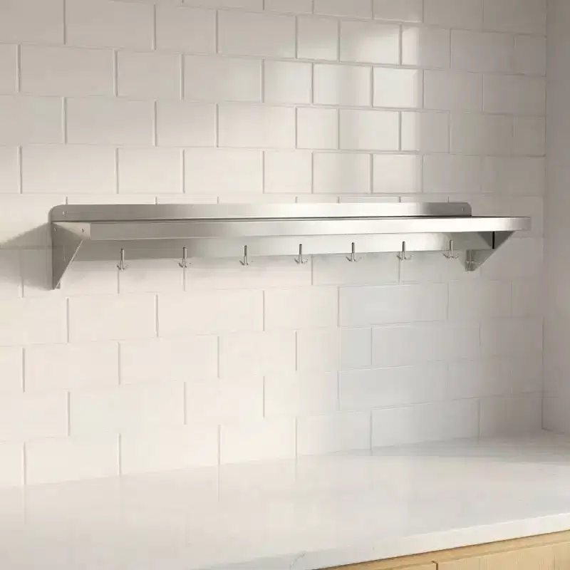 Garvee Wall Shelves for Kitchen, 48 x 12 Floating Shelf with Backsplash and Hooks, Silver