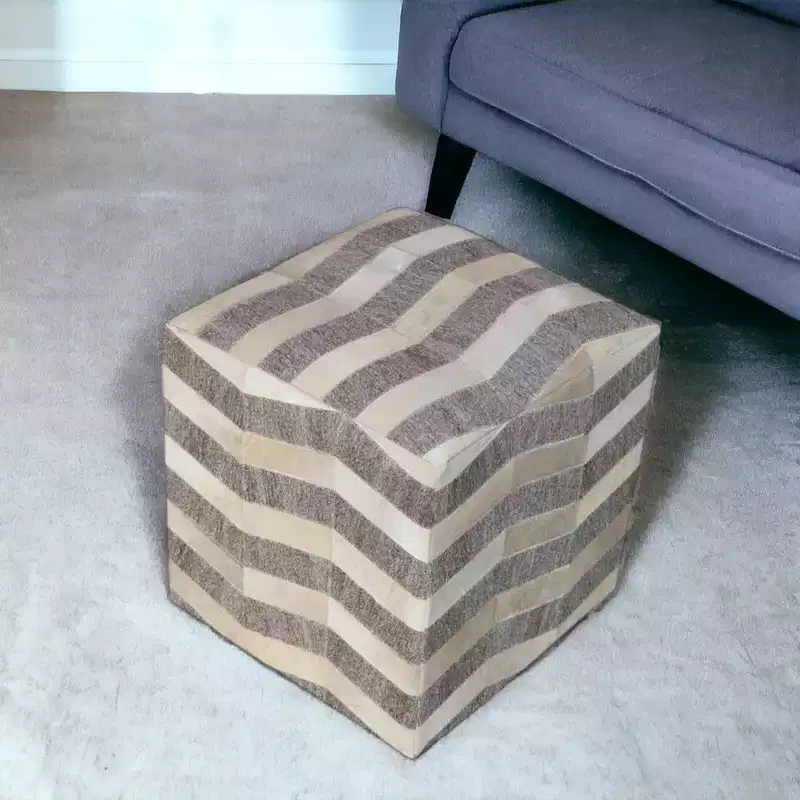 HomeRoots 18 Gray and Beige Hair on Hide Cube Chevron Pouf Ottoman