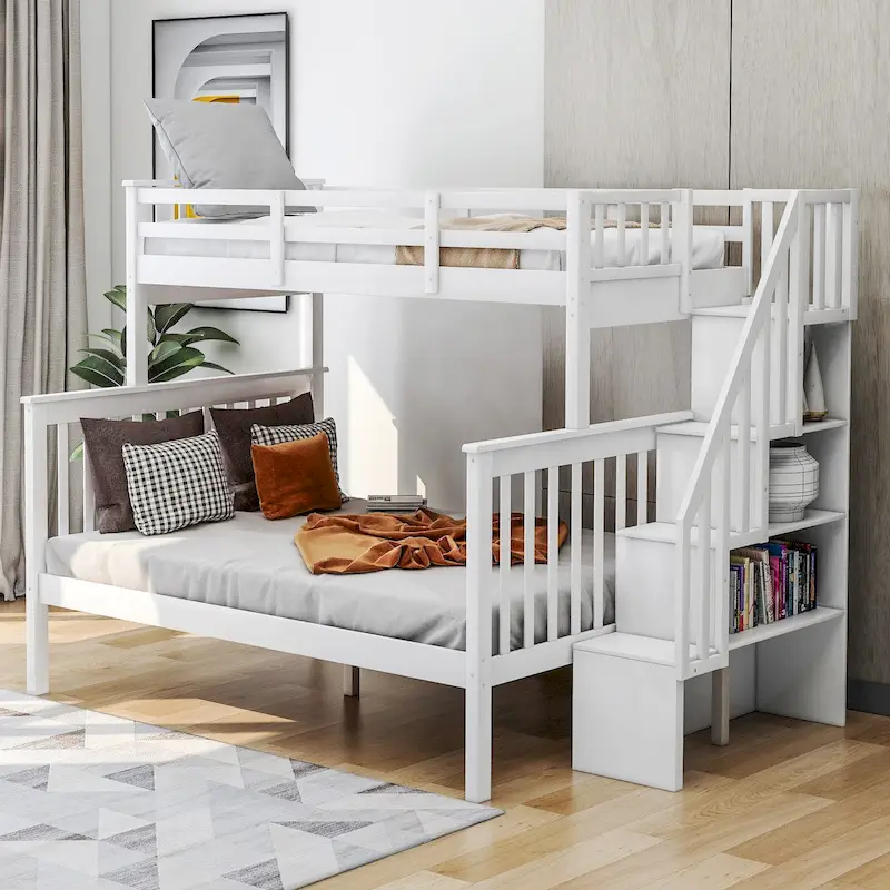 White Twin-over-Full Bunk Bed with Storage Stairs & Guard Rail, Sleeps 2