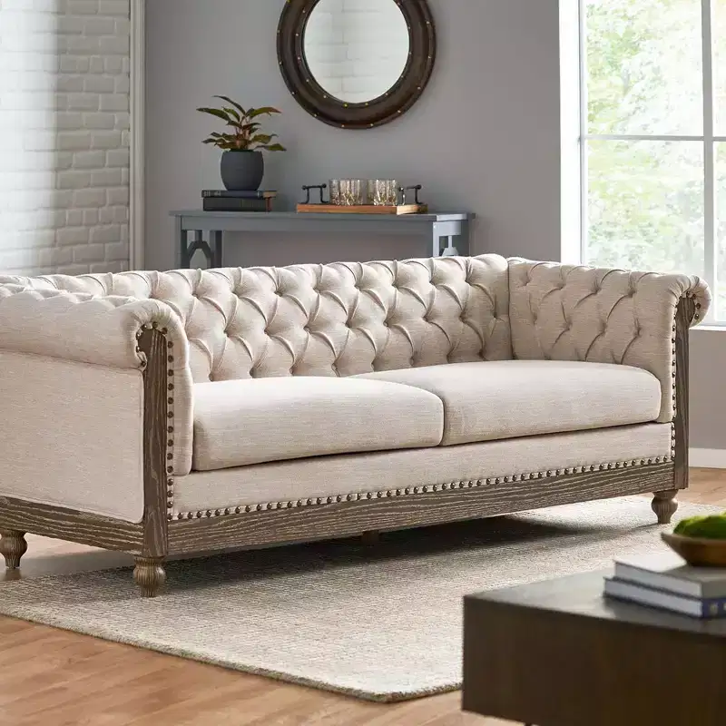 Whisen Retro Style 3-Seat Sofa, PU Leather Sofa with Wooden Legs, Pull-Tab Backrest, Rivet Detailing