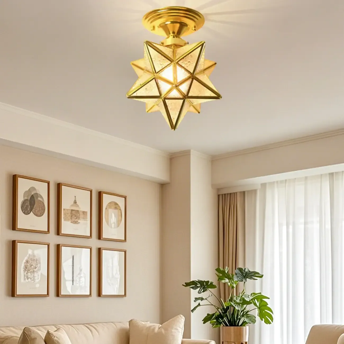 Colonial Style Gold Star Glass Shade Semi Flush Ceiling Light