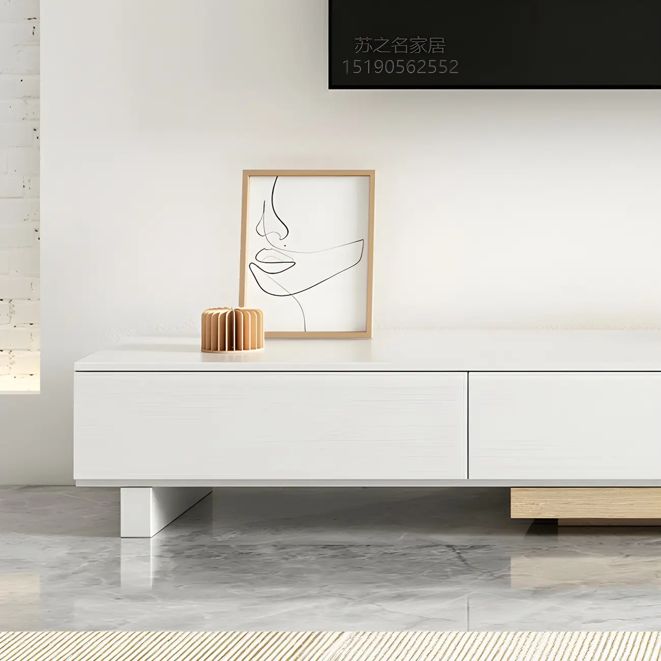 Natural Modern Long Wood Extended Shelf TV Stand with Drawer