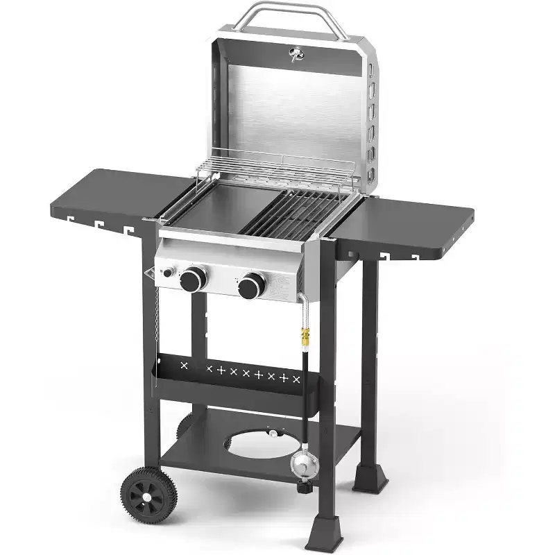 ZAFRO 2-Burner Propane Gas BBQ Grill, 16000 BTU Stainless Steel Barbecue with Folding Side Tables Portable Outdoor Grill for Patio, Backyard, Camping