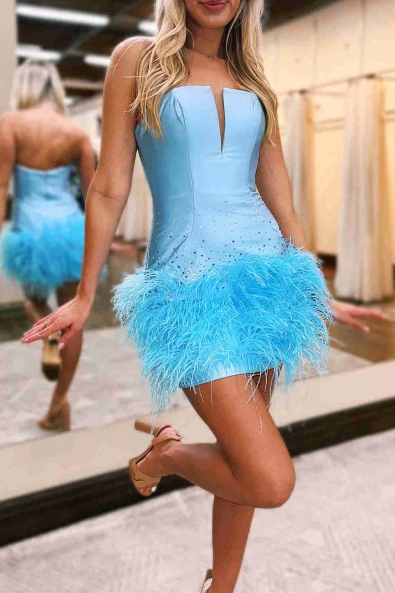 Strapless Sky Blue Fitted Short Homecoming Dress with Feathers
