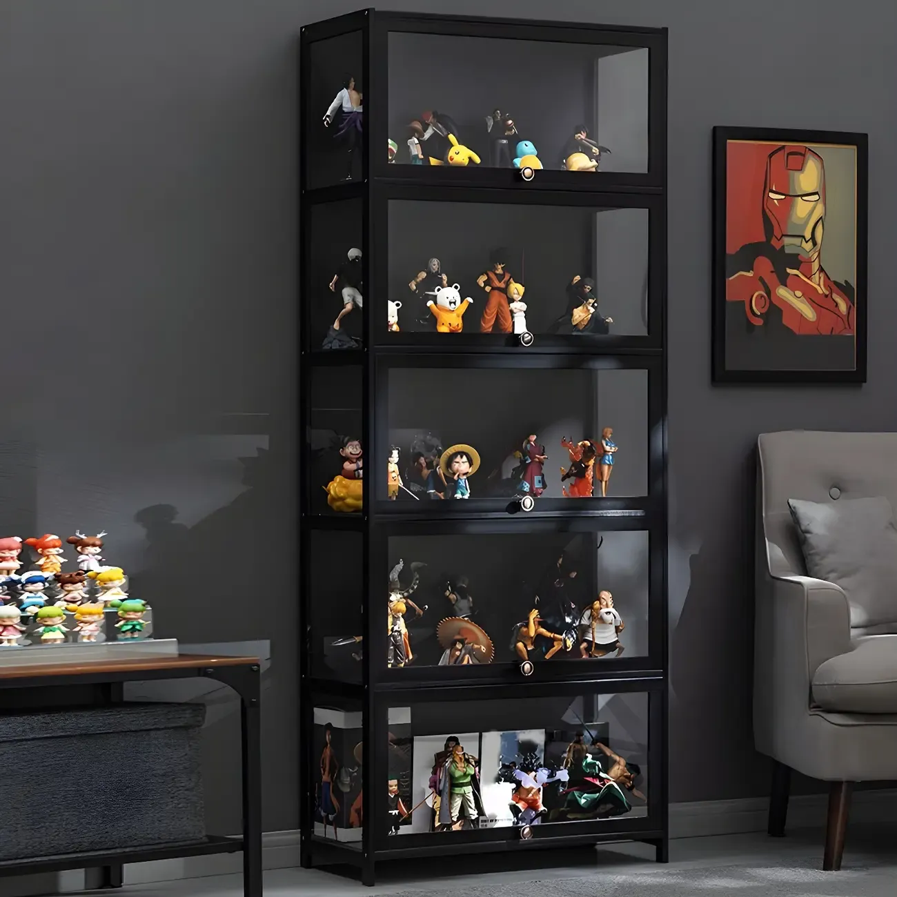 Elegant Black Bamboo Clear Figure Display Cabinet