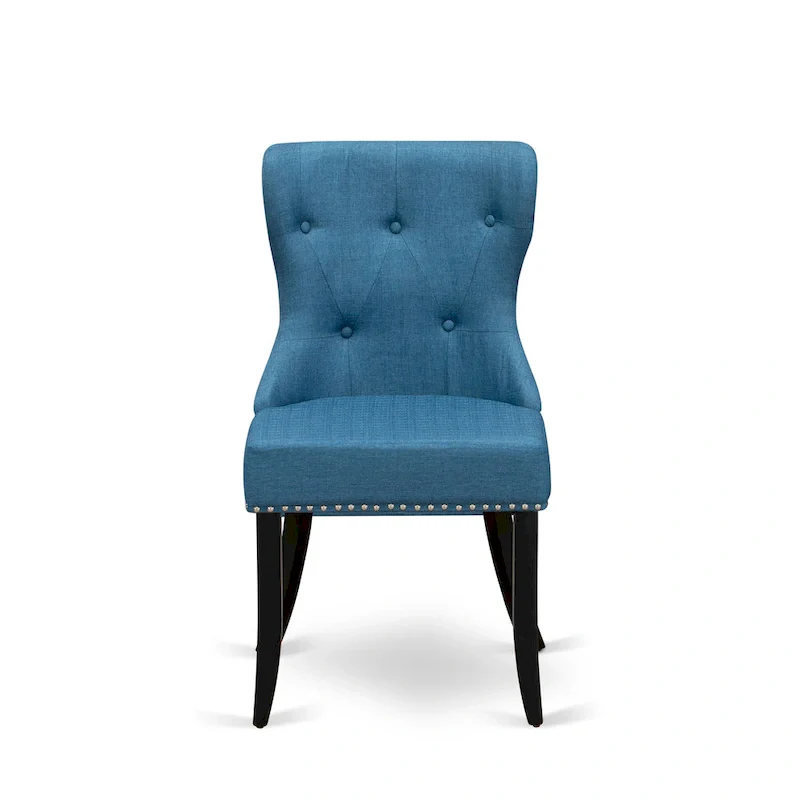 East West Furniture Kitchen Table Set- a Round Dining Table and Blue Linen Fabric Parson Chairs, Black(Pieces Options)