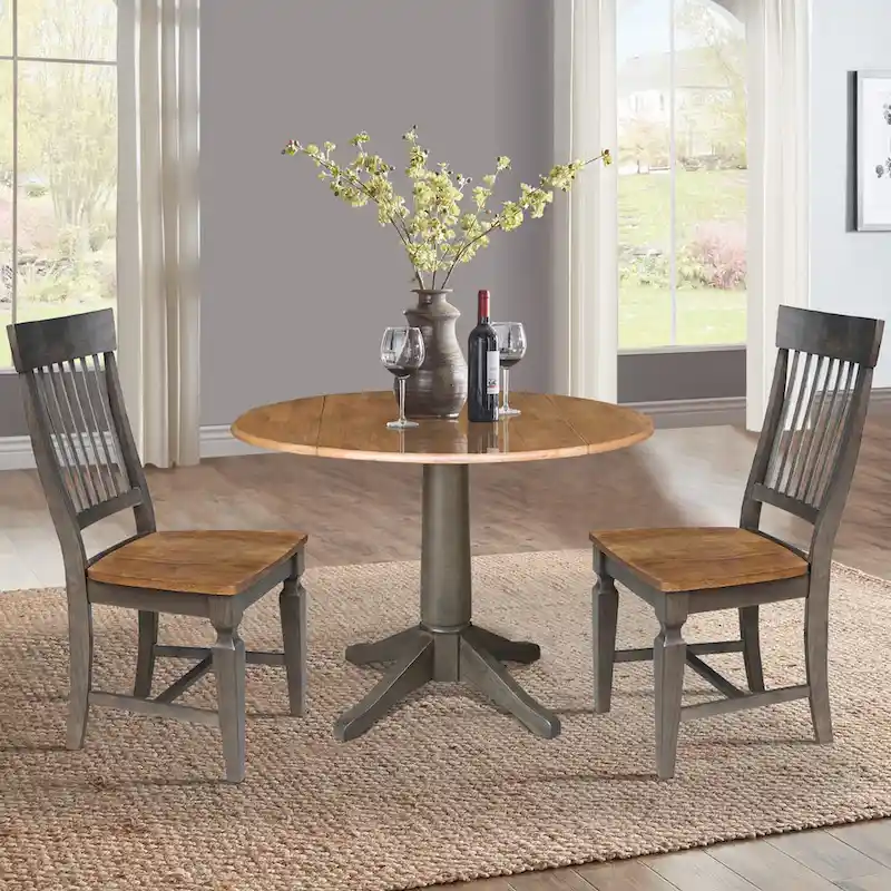 Hickory/Washed Coal Drop Leaf Round Dining Table Set, Seats 2, Slatback Chairs