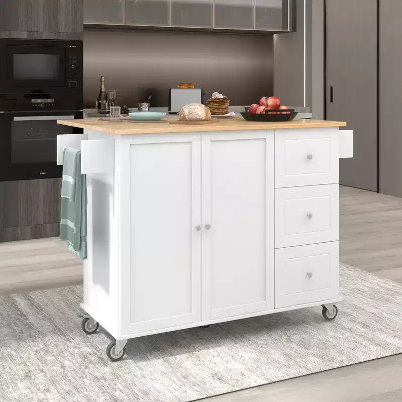 Okak Kitchen Cart with Wooden Top and Lockable Wheels, Kitchen Island with Drop Leaf, Spice Rack & Towel Rack, Countertop Organizer for Kitchen
