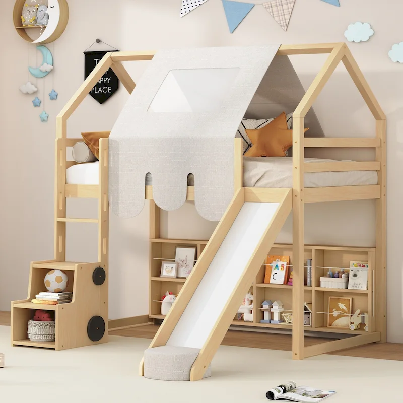 Natural/White Twin Loft Bed with House Frame, Slide & Ladder, for 1 Child
