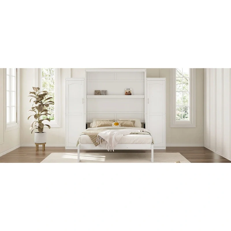 White Queen Murphy Wall Bed with 2 Integrated Wardrobes and Storage Shelf – 2-Person