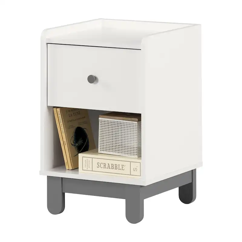Soft Gray & White 1-Drawer Nightstand – Kids' Bedroom