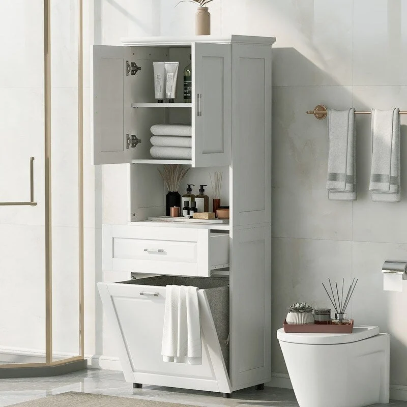 Tall Bathroom Cabinet with Tilt-Out Laundry Hamper and Storage Cabinet