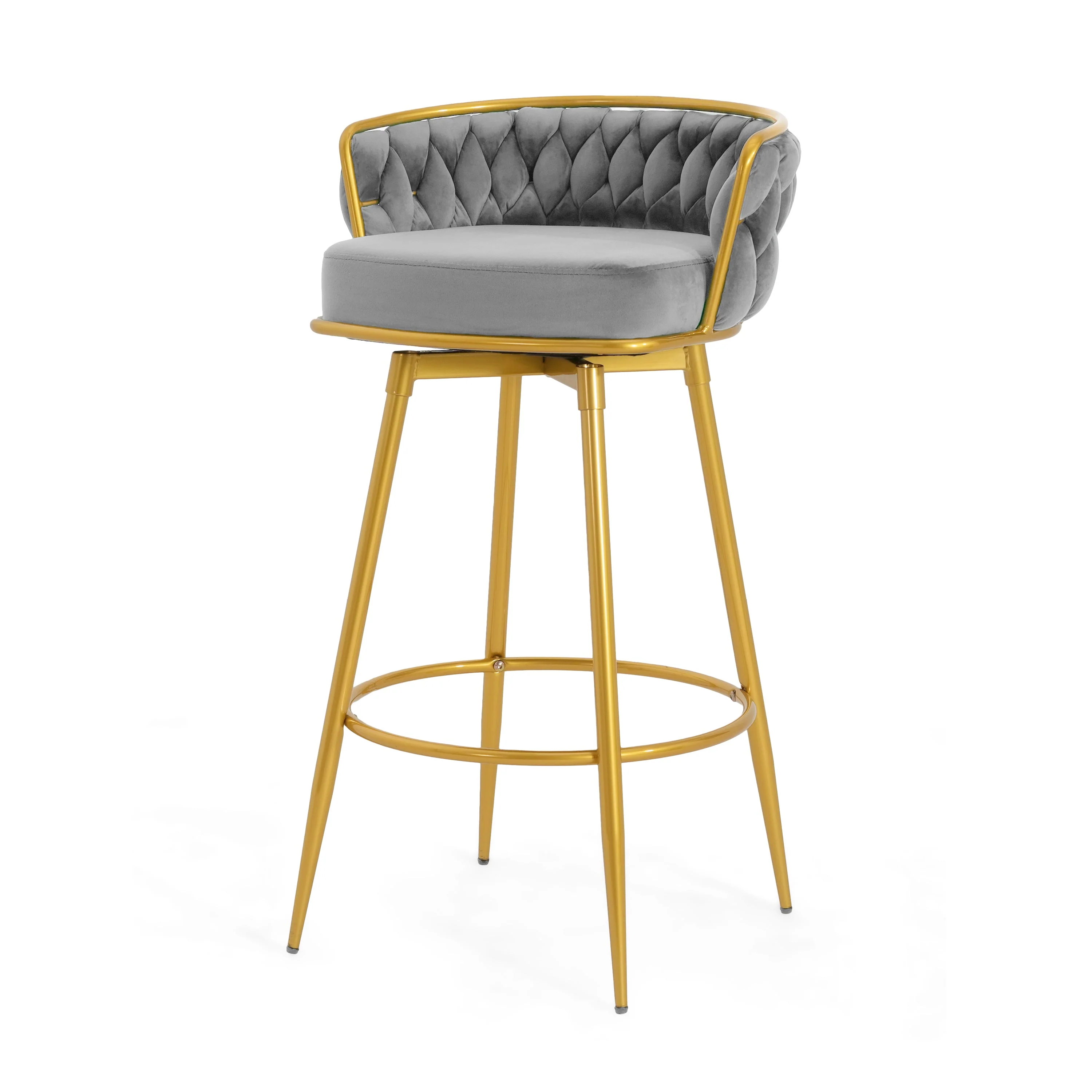 Set of 2 Velvet Swivel Bar Stools 180¡ã Gold Frame w/ Woven Back & Footrest