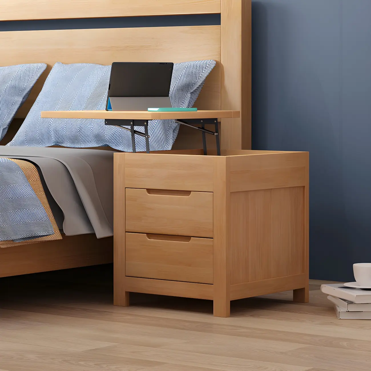 Narrow Rubberwood Lift-Top Bed Side Table with Drawers