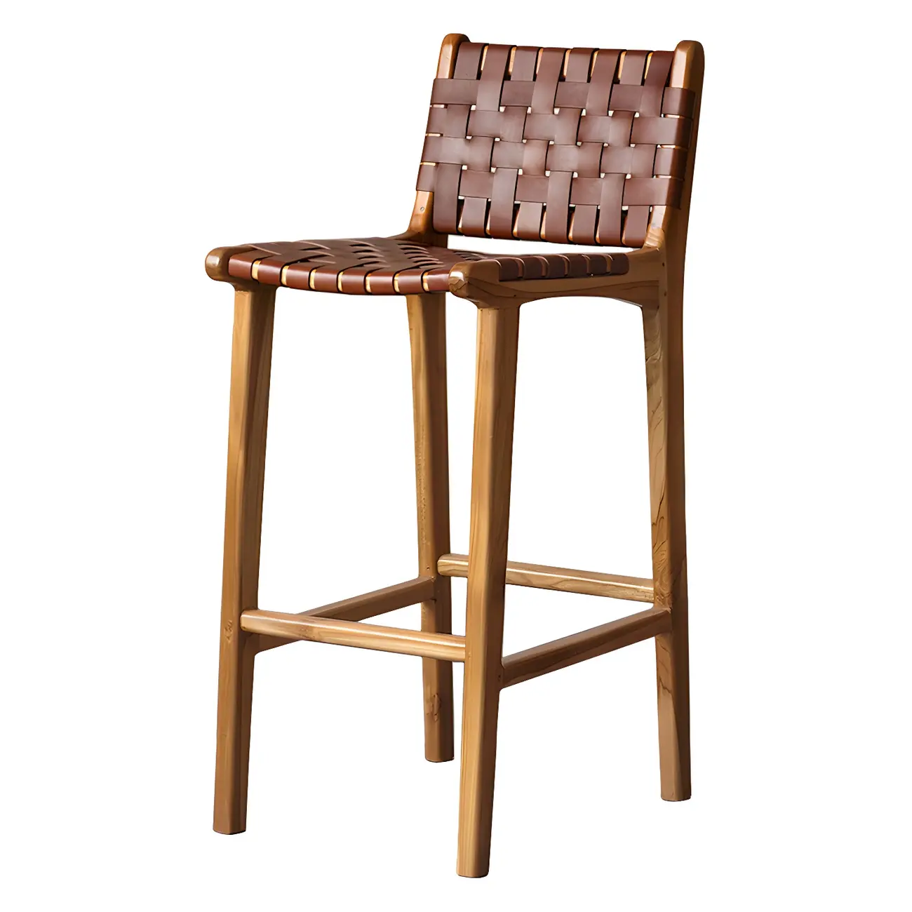 Rustic Reddish Brown Wooden Woven Bar Stool