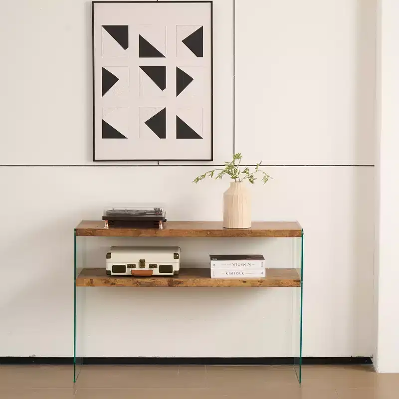 GDFStudio Gibson Modern Wood and Tempered Glass Console Table with Open Shelf