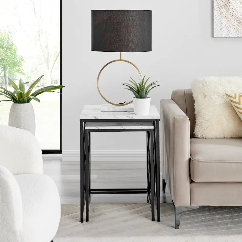 Modern Square Marble Finish Veneer Top Black Metal Frame Nesting End Tables - Set of 2