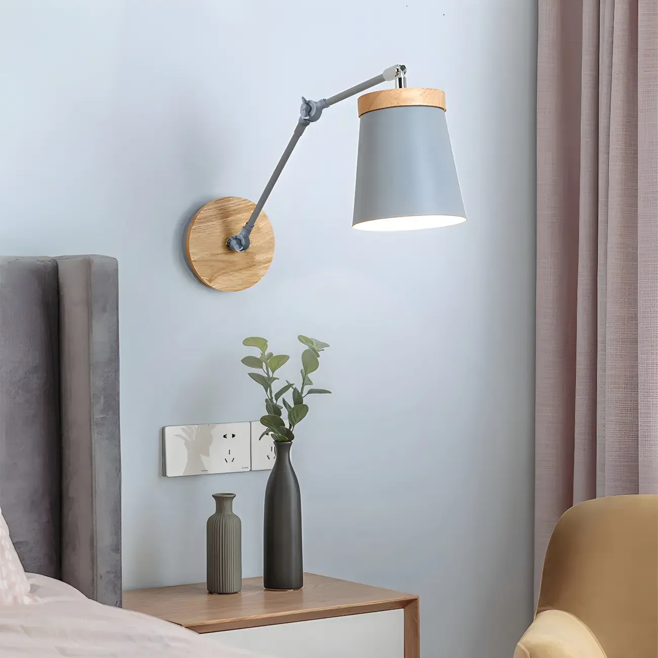 Modern Wood Metal Swing Arm Wall Light