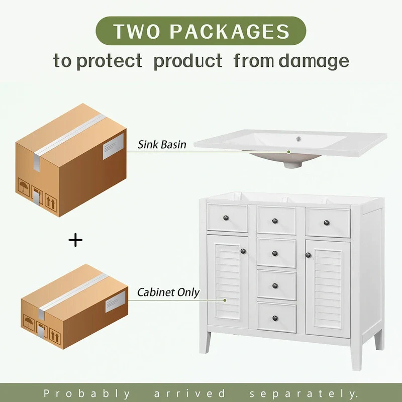 Bathroom Vanity with Ceramic Basin, Two Cabinets and Five Drawers