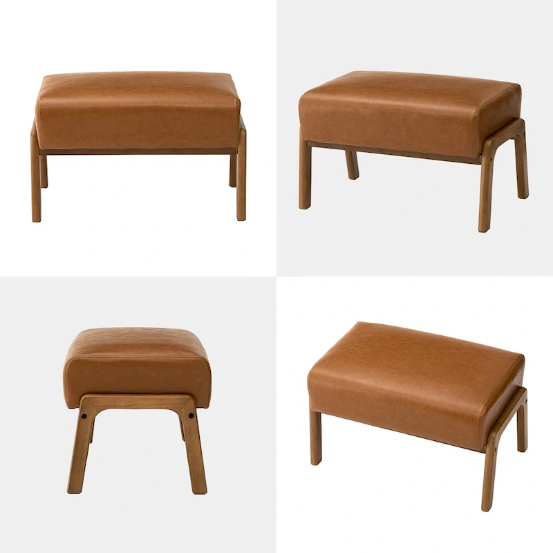 Brown Mid-Century Faux Leather Ottoman Accent Stool, Set of 2