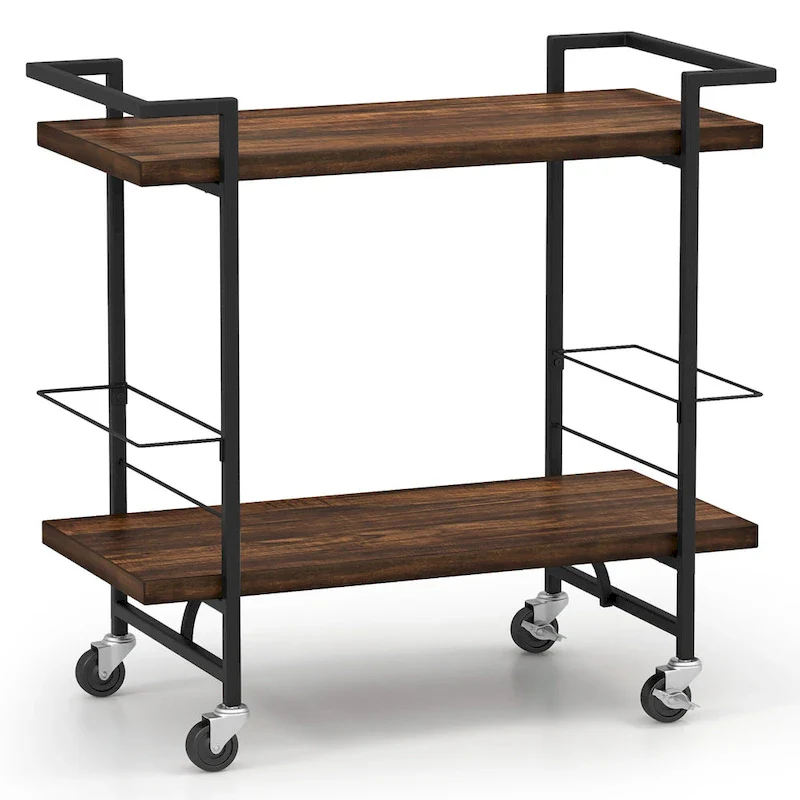 Home Bar Cart 2-tier Home Bar Cart w/ Lockable Wheels &