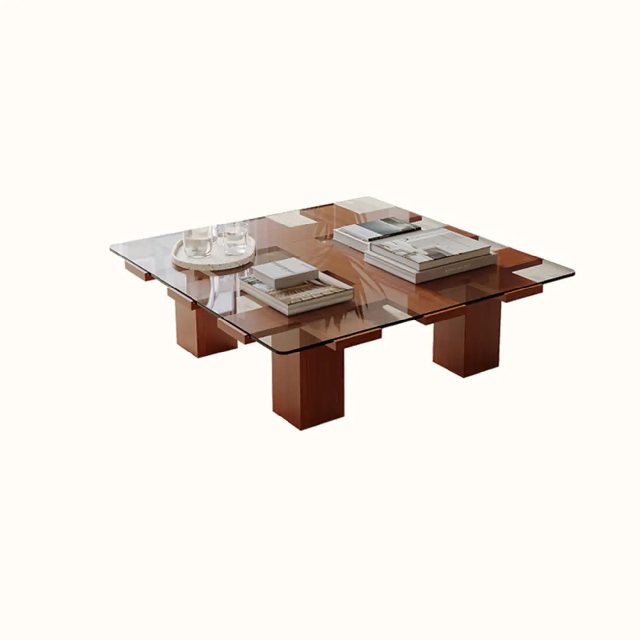 Square Modern Glass Wood Four Legs Coffee Table