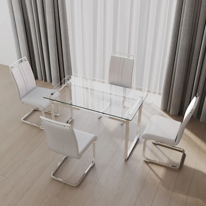 Modern 5-Piece Dining Set with Rectangular Glass Table & High Back Silver-Plated Legs Dining Armless Chairs