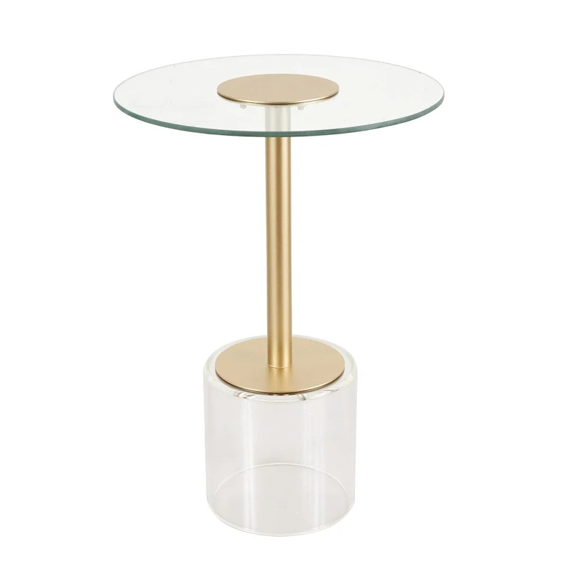 Clear Round Acrylic & Tempered Glass Accent Side Table with Matte Gold Metal Stand