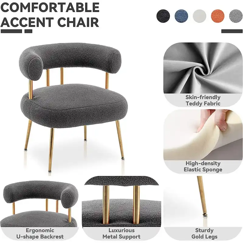 Modern Glam Upholstered Comfy Open-Back Accent Vanity Chair with Golden Legs