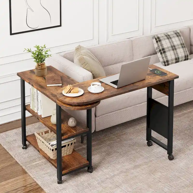 Brown 3-Tier Rotating End Table with Charging Station, for 1 Person