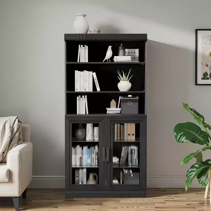 62x31x16 Wood Accent Sideboard Cabinet in Black, Storage Organizer with Adjustable Shelves and Glass Doors for Kitchen Bedroom Living/Dinning Room
