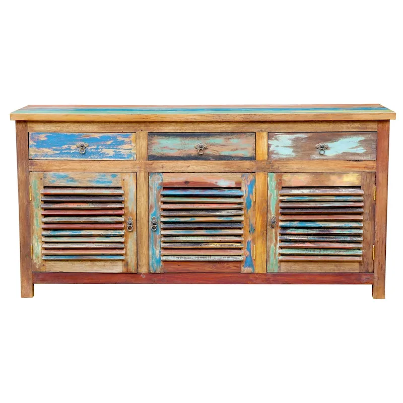 Reclaimed Teak Wood Media Console with 3 Doors & 3 Drawers – Natural Multi, Rustic Style