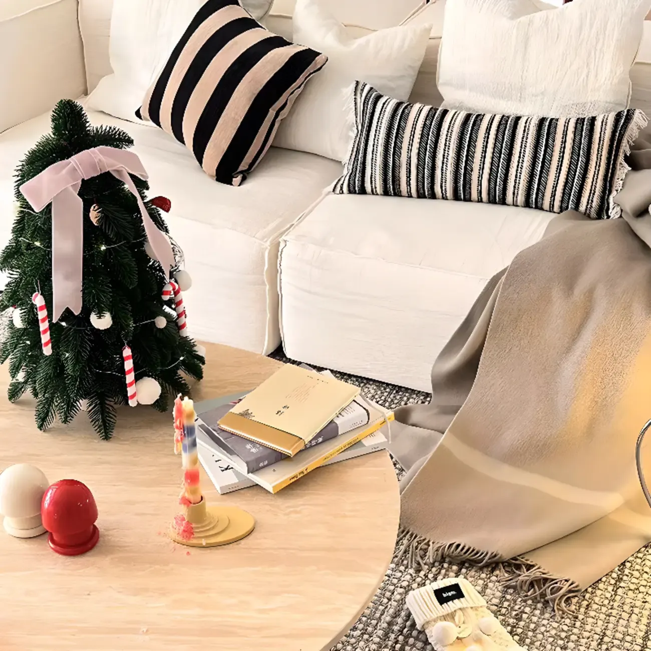 Modern Travertine Round Beige Coffee Table with Small Space