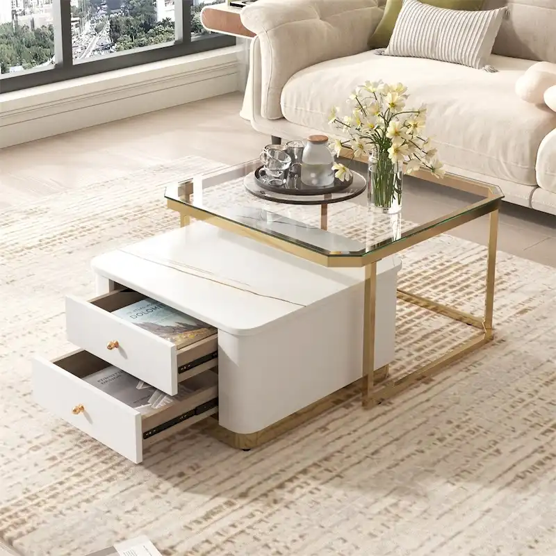 2-Piece Nesting Coffee Table Set with Drawers and Gold-Tone Legs