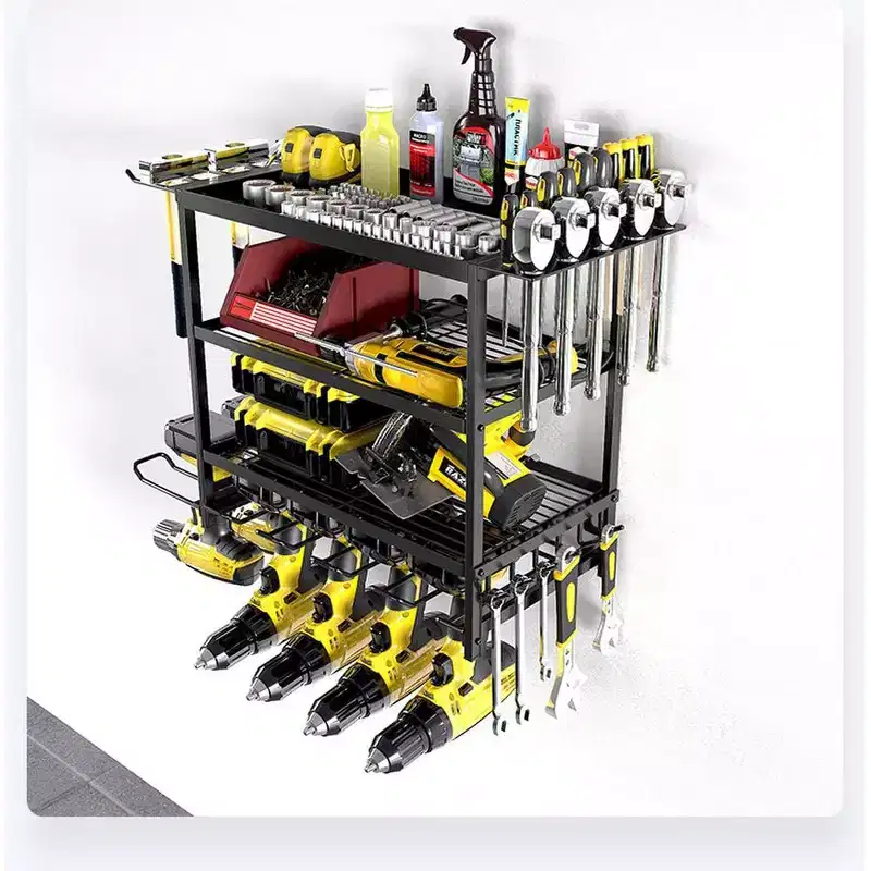 Wall-Mounted Drill and Tool Storage Rack, 4-Level Heavy-Duty Metal Organizer with Multi-Tool Holders for Garage and Workshop