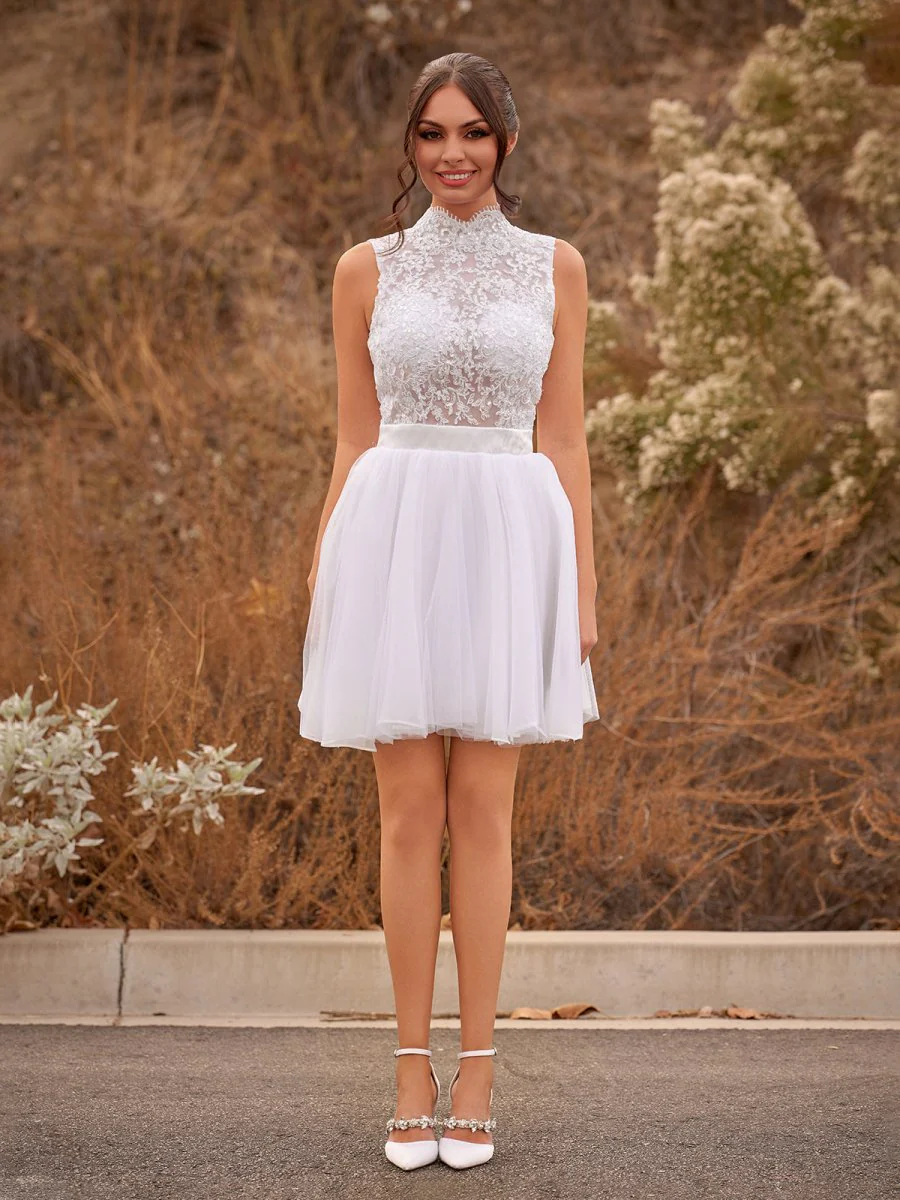 Mini Knee-Length Tulle Lace Dress With Beading Keyhole Back