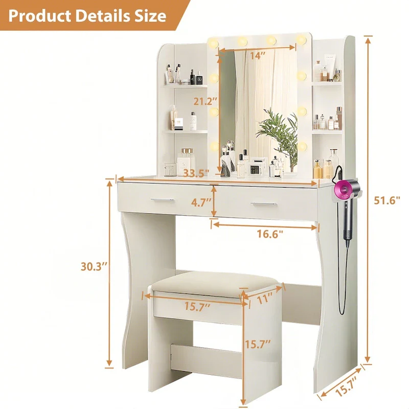 Vanity Desk with Mirror and Lights, Makeup Vanity with Power Outlet & Hair Dryer Rack,2 Drawers and 6 Shelves, Cushioned Stool