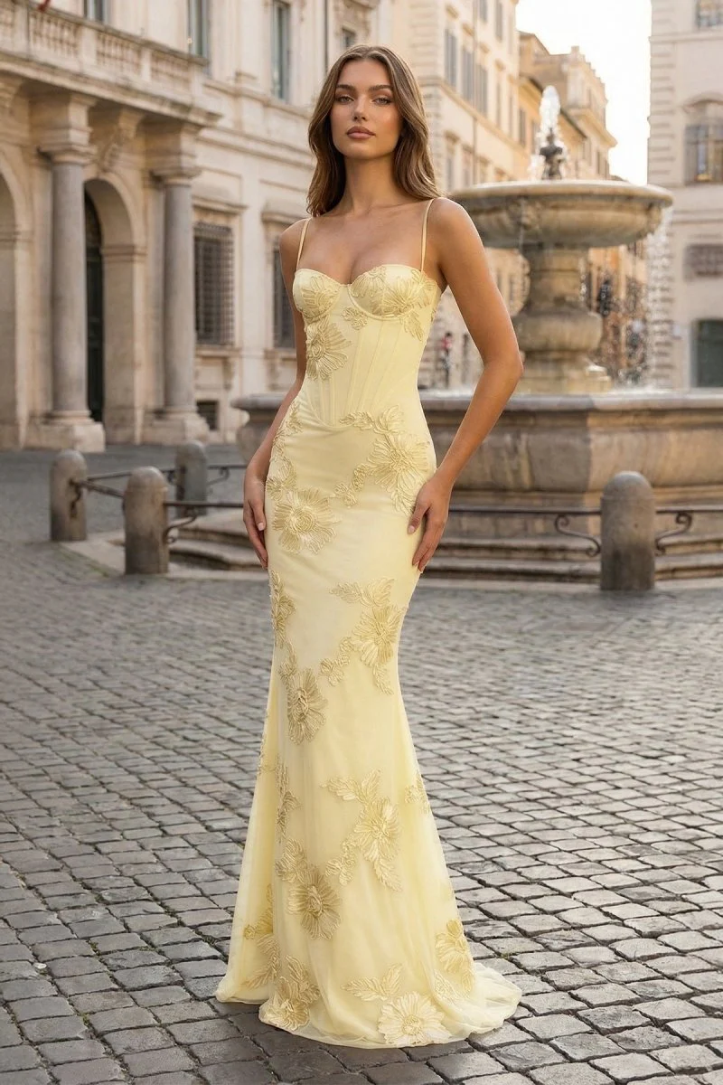 Yellow Spaghetti Straps Sheath Long Prom Dresses With Floral Embroidery
