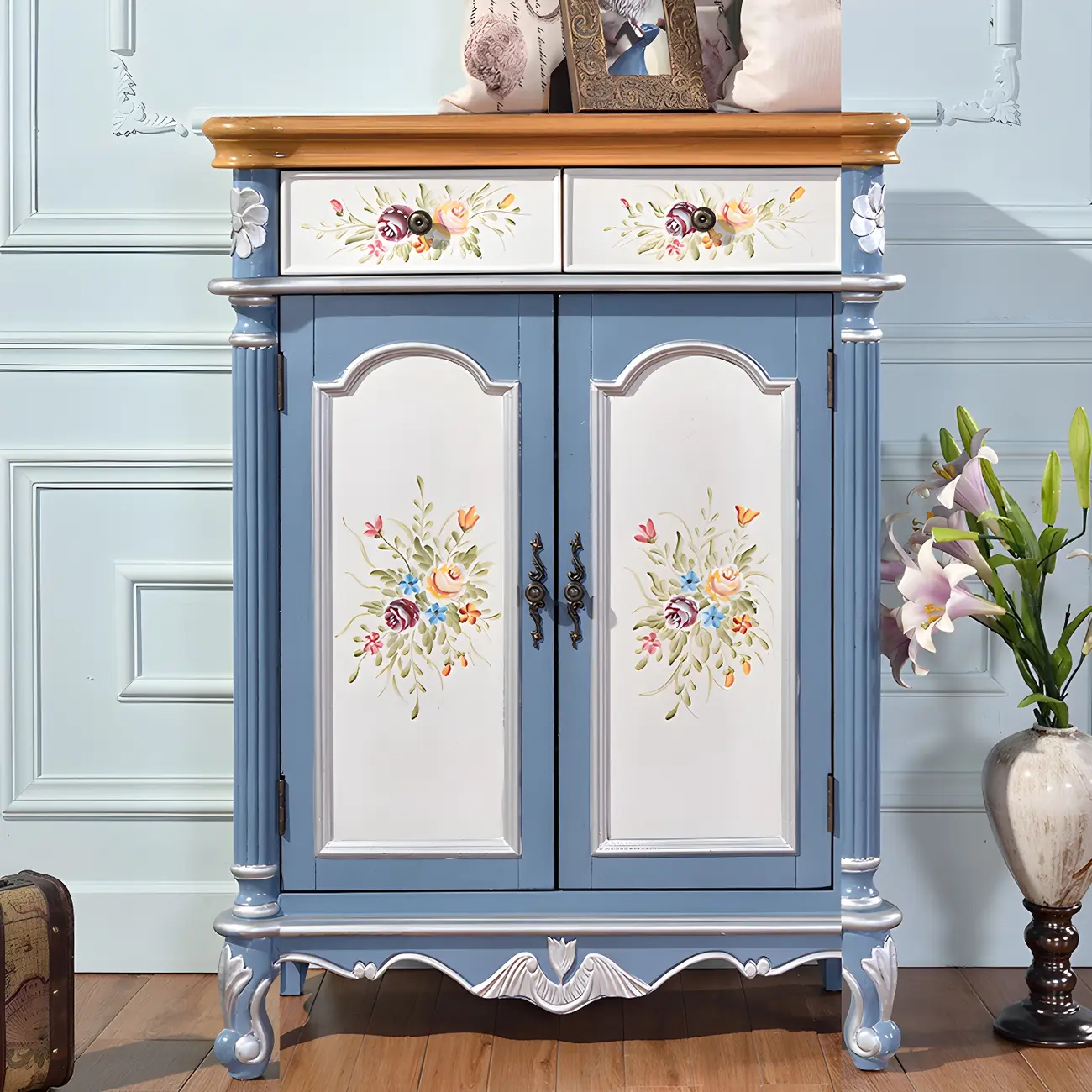 Vintage Wooden Sideboard with Cabinets & Drawers