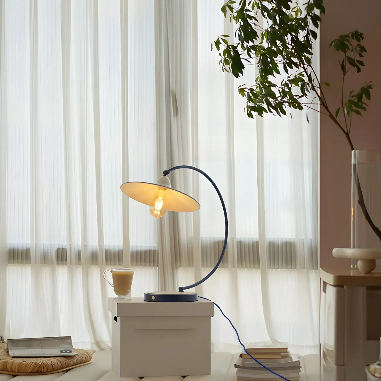 Contemporary Iron Arc Table Lamp in White for Living Room