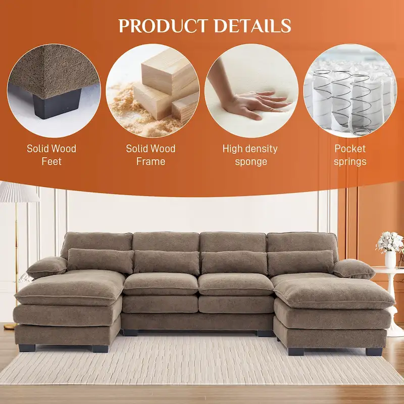 Soft Chenille Fabric U-Shaped Sectional Sofa with Double Layer Cushion