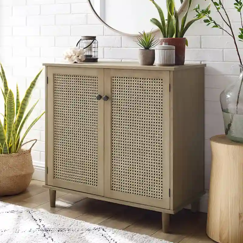 Natural Bamboo / Walnut Woven Rattan Accent Cabinet with Sliding or Standard Doors – Single Unit