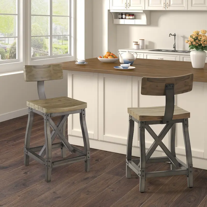 Amber/Oak Industrial Wood & Metal Counter Stool with Removable Back, 1-Person