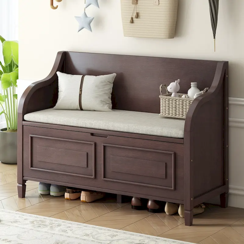 TREXM Rustic Style Multifunctional Storage Bench with Safety Hinge