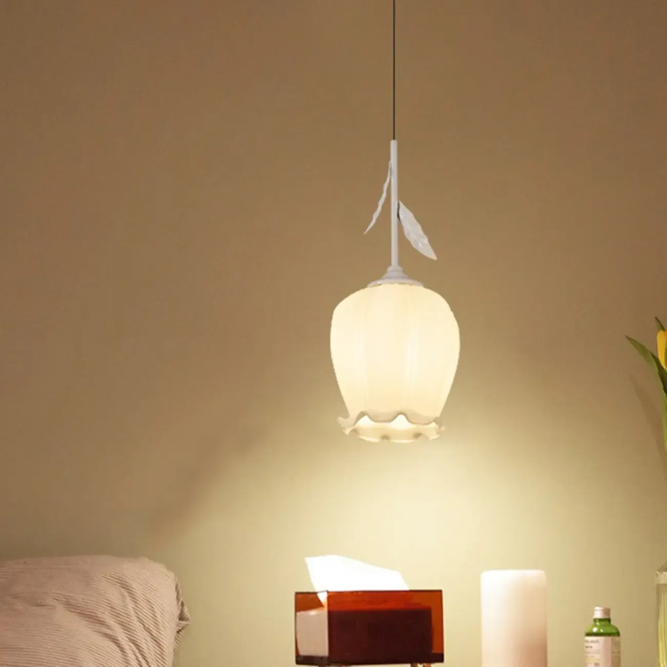 Kids Bedside White Glass Tulip Pendant Lamp