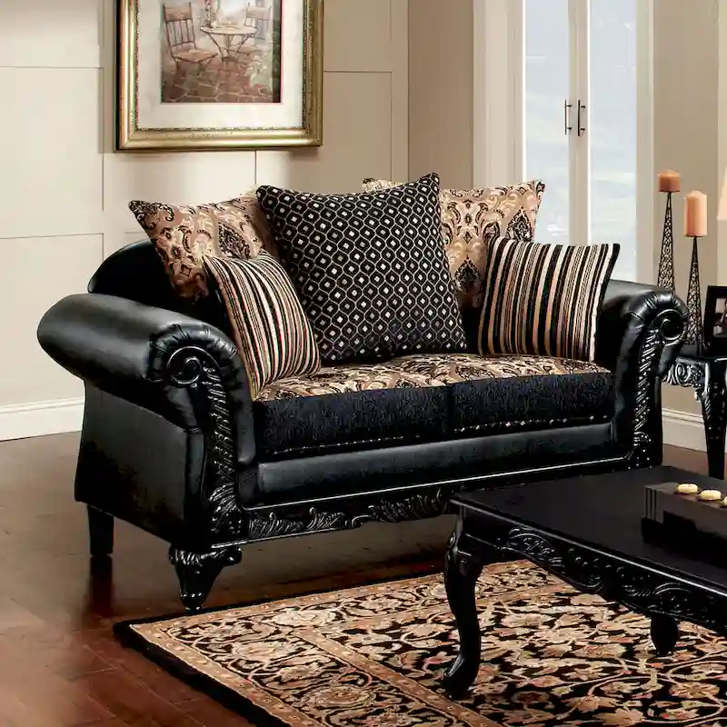 Traditional-Style Black Faux Leather Upholstered Two-Seater Sofa